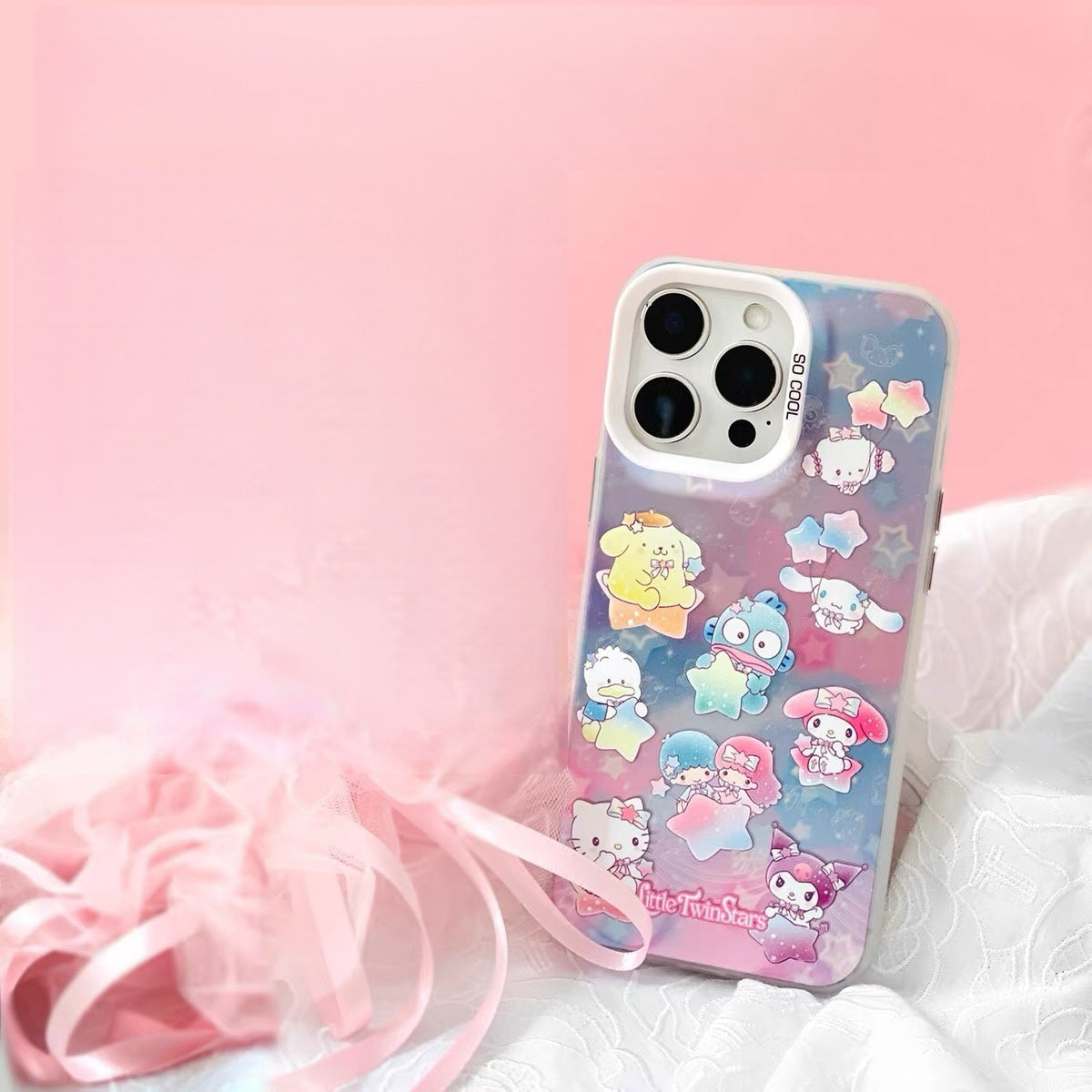 Japanese Cartoon Sanrio Pastel Starry Party Laser Case | Hello Kitty Lttle Twin Stars My Melody Kuromi Cinnamoroll Pompompurin Hangyodon AhirunoPekkle Cogimyun - Phone Case Samsung Galaxy S26 S25 S24 S23 S22 S21 FE Ultra Edge