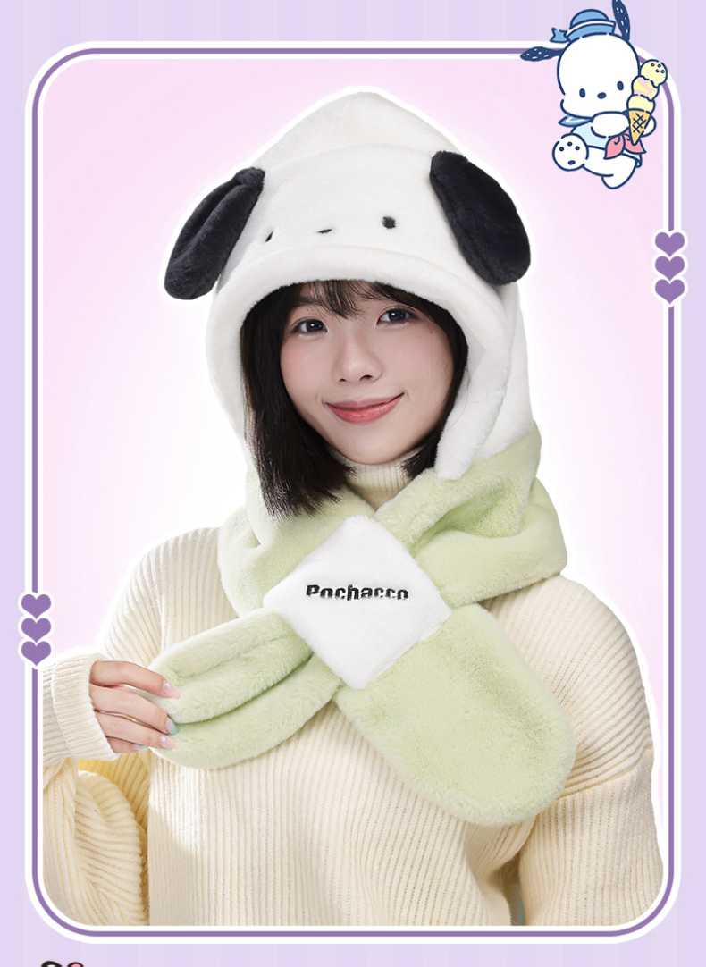 Sanrio Hat with Scarf Hat | Hello Kitty My Melody Kuromi Cinnamoroll Pochacco Hangyodon - Winter Warm Accessory Outfits KawaiiGiftLand