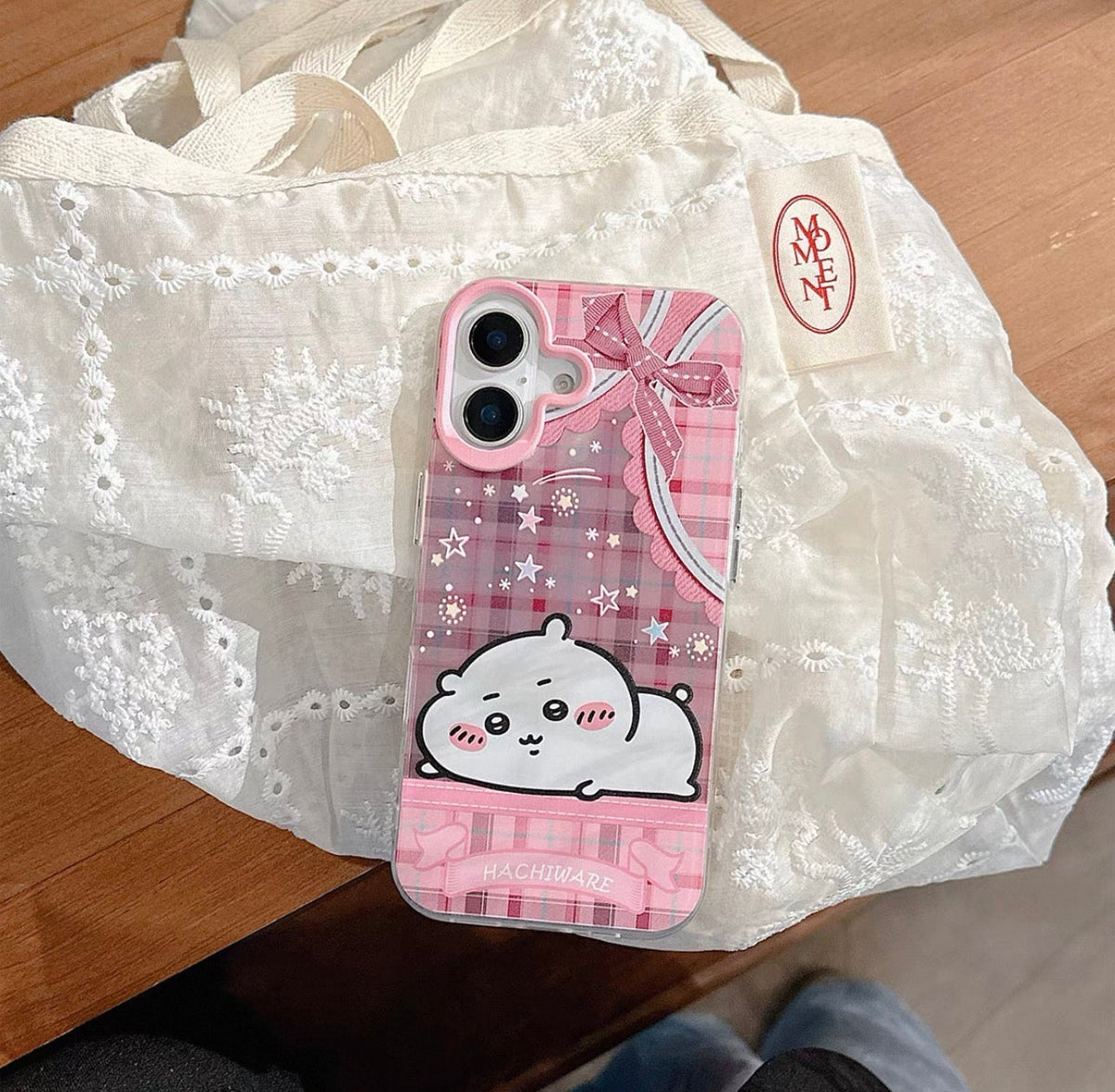 Japanese Cartoon ChiiKawa Laying with Lace Ribbon Laser Case | Chiikawa Hachiware Usagi Momonga - iPhone Case Plus SE2 11 12 13 14 15 16 16e 17 17e 18 Pro Promax 12mini 13mini