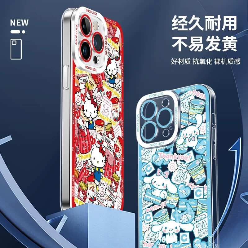 Japanese Cartoon Sanrio Friends with Foods Full Screen | Hello Kitty My Melody Kuromi Cinnamoroll Pompompurin Pochacco Hangyodon Keroppi - iPhone Case 7 8 PLUS SE2 XS XR X 11 12 13 14 15 16 16e 17 17e Pro Promax 12mini 13mini
