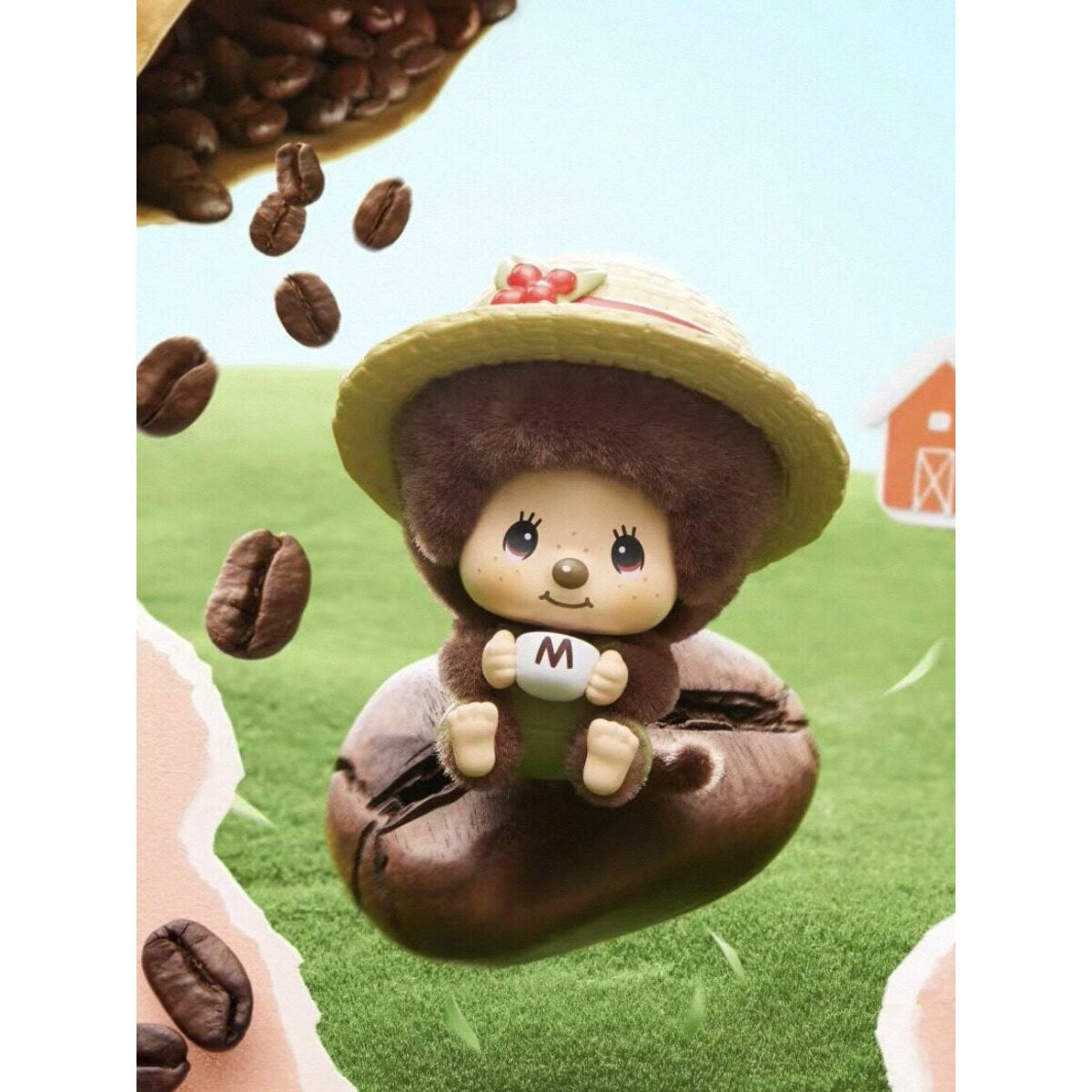 Monchhichi Mon Mon Farm Classic Coffee plush pendant with falling coffee beans