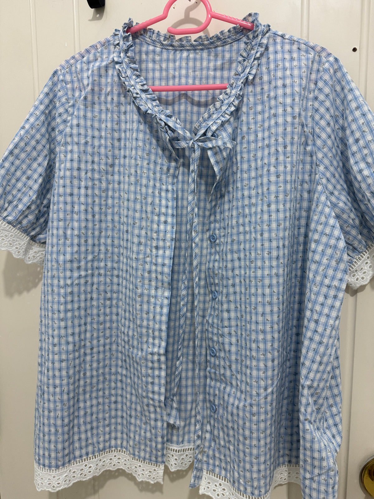 แฟชั่นญี่ปุ่นสไตล์น่ารักซีรีส์ Mori | เสื้อลายตารางสีฟ้าลายดอกไม้ - สินค้าแฟชั่นคาวาอี้