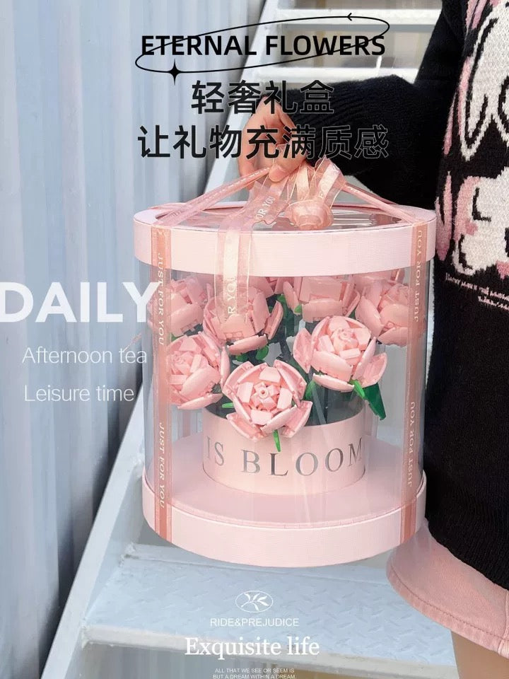 Block Building Romantic Elernal Flowers Bouquet Gift Box | Pink Red Blue White Rose - with LED Lights Valentine Wedding Gift DIY Handmade Gift