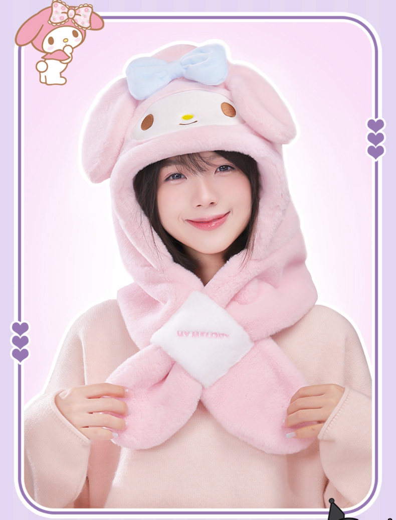 Sanrio Hat with Scarf Hat | Hello Kitty My Melody Kuromi Cinnamoroll Pochacco Hangyodon - Winter Warm Accessory Outfits KawaiiGiftLand