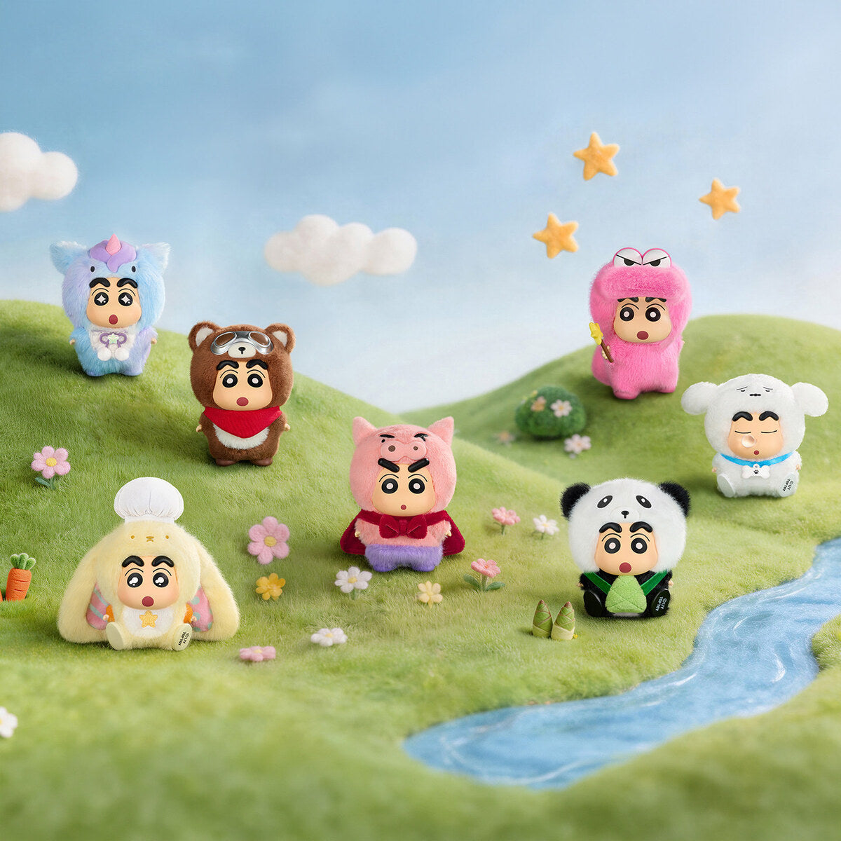 TOPTOY Crayon Shin-chan Animal City Series all 7 vinyl plush blind box designs in a grassland scene