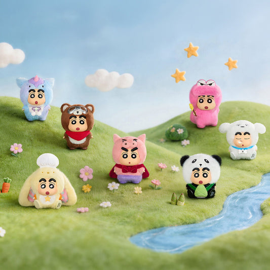 TOPTOY Crayon Shin-chan Animal City Series all 7 vinyl plush blind box designs in a grassland scene
