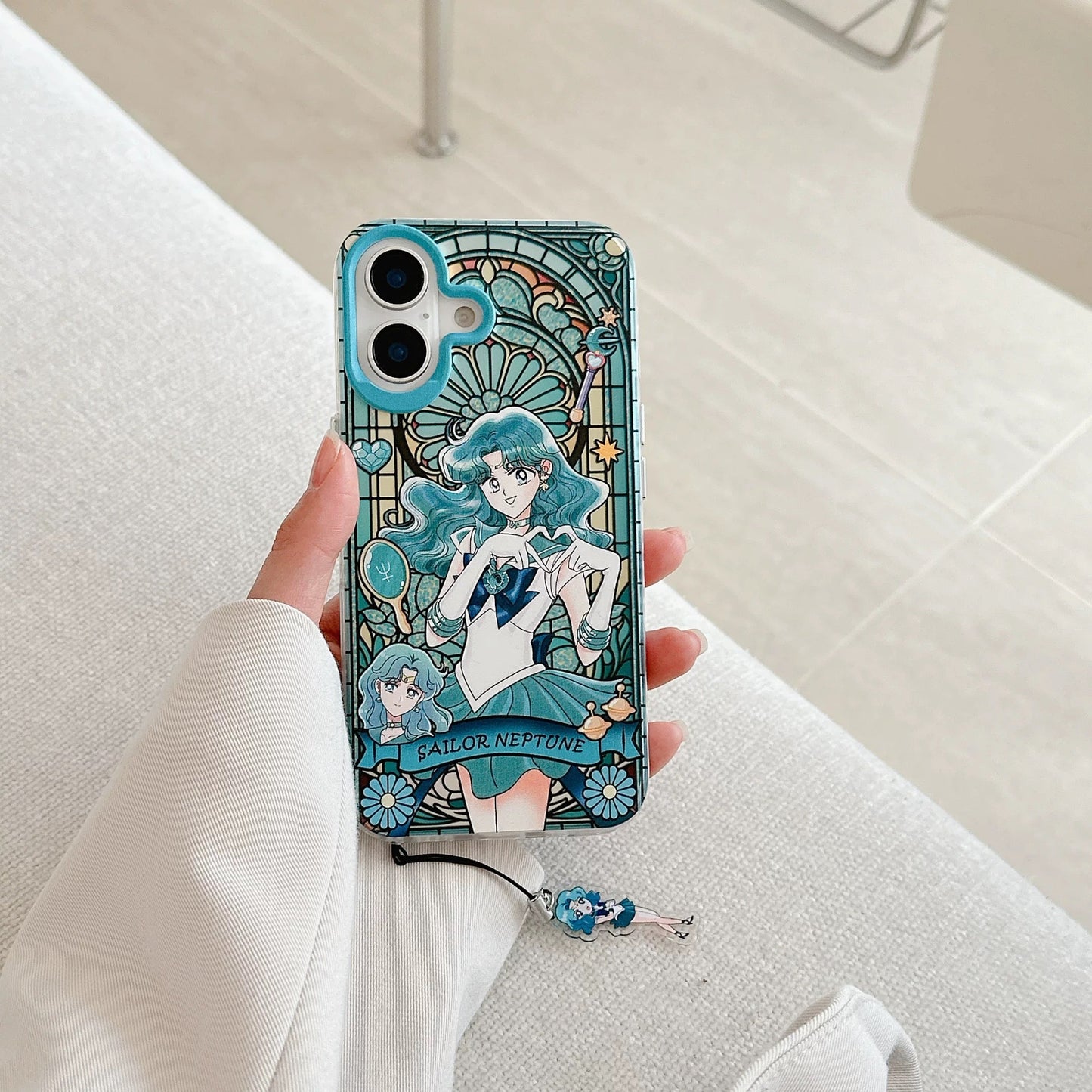 Japanese Cartoon Sailor Moon Phone Case with Strap Comic Version | Laser Glass Window Sailor Uranus Neptune Pluto Saturn Chibi Moon - iPhone Case PLUS SE2 11 12 13 14 15 16 16e 17 17e Pro Promax 12mini 13mini