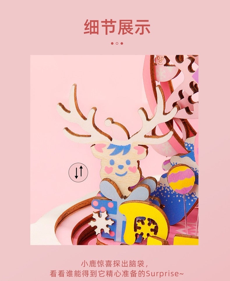 Craft Kits Wooden Music Box | Merry Christmas & Christmas Pink Deer - DIY Handmade Mini World Miniature Gift