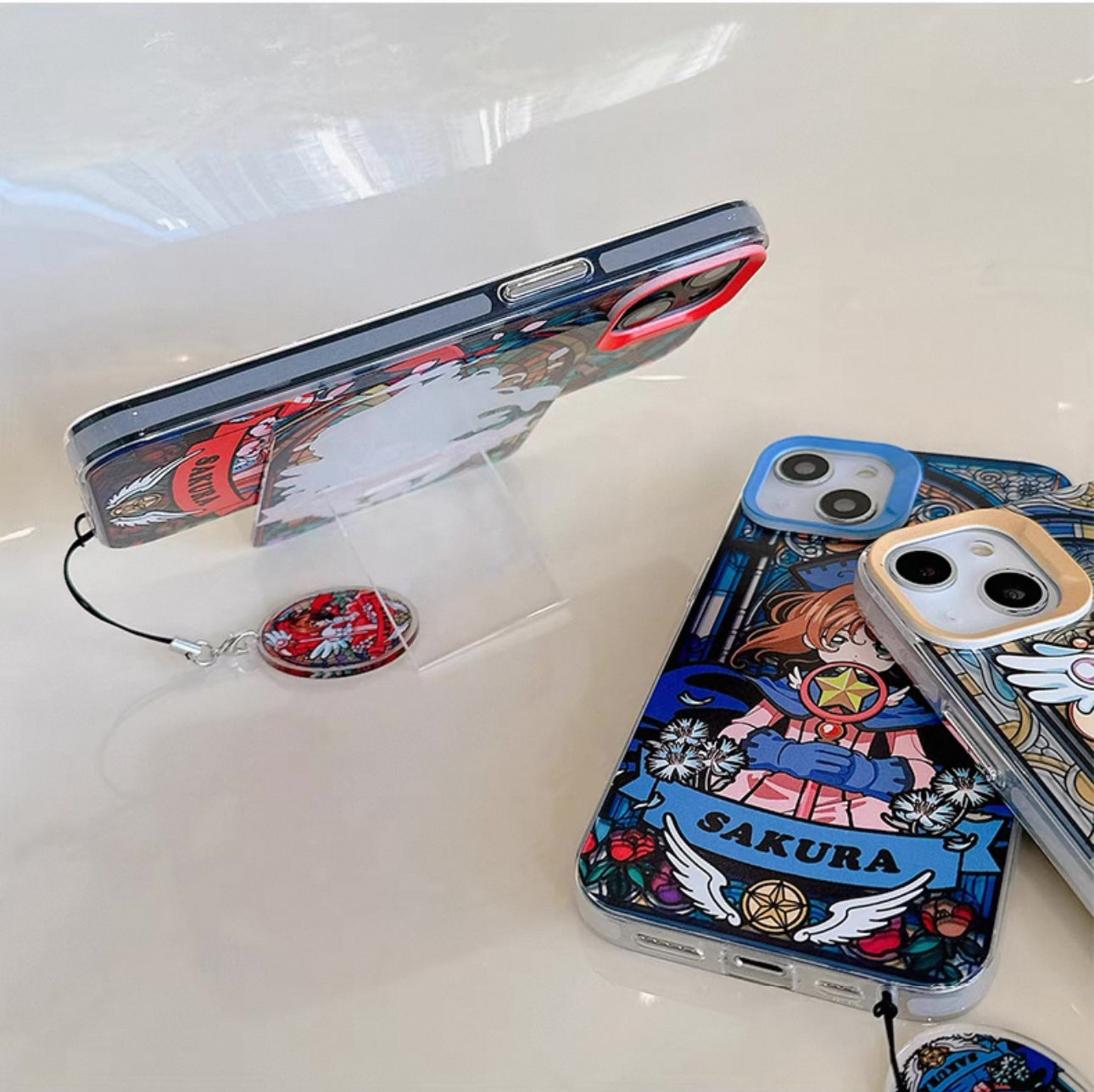 Japanese Cartoon CardCaptorSakura Glass Window Version with Strap & Stand | Red Blue Yellow - iPhone Case 6 7 8 PLUS SE2 XS XR X 11 12 13 14 15 Pro Promax 12mini 13mini KawaiiGiftLand