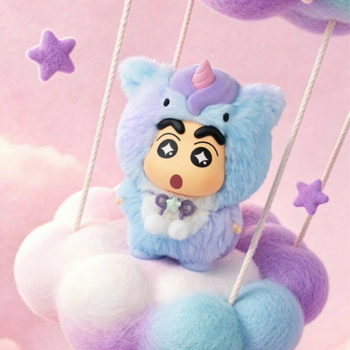 Shin-chan in a fluffy unicorn costume sitting on a cloud swing (Shining Unicorn secret design)