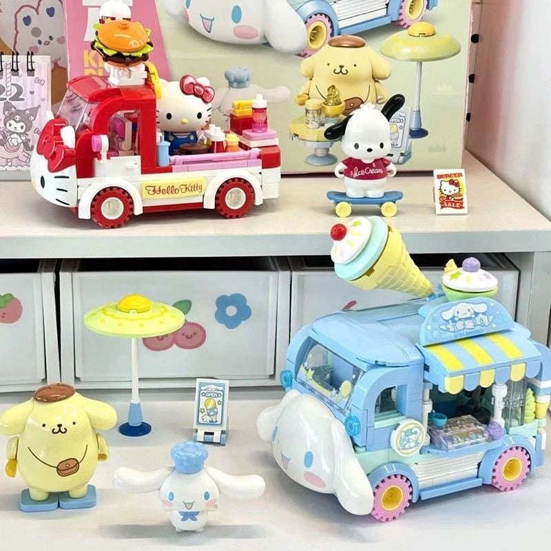 Sanrio Food Truck Series | Cinnamoroll Ice Cream Car with Cinnamoroll Pompompurin - Moveable Car Building Blocks Toy Collections KawaiiGiftLand