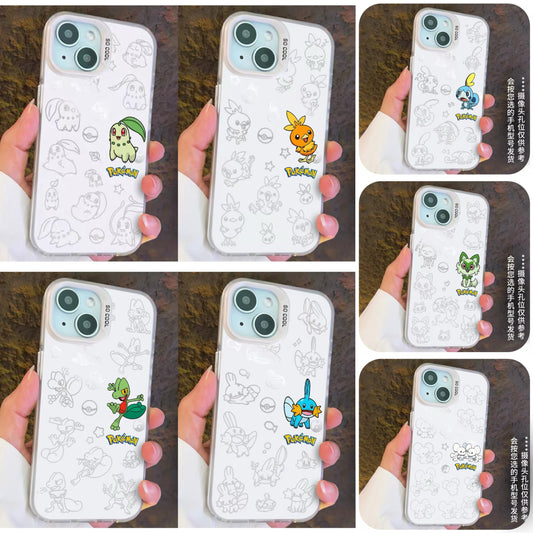 Japanese Cartoon Pokemon Matt & Silver Case Part5 | Chikorita Treecko Torchic Mudkip Sobble Sprigatito Maushold 7 Styles - iPhone Case PLUS SE2 XS XR X 11 12 13 14 15 16 16e 17 17e Pro Promax 12mini 13mini