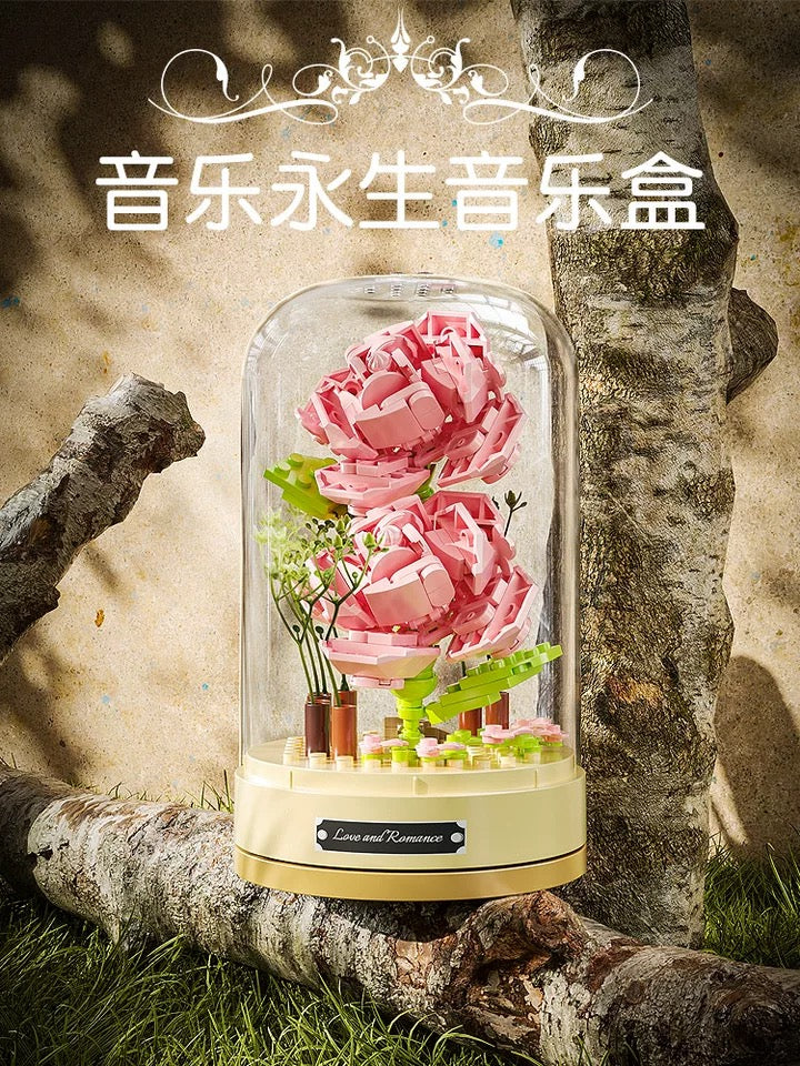 Block Building Romantic Flower Music Box | Hibiscus Rose Lily Bell Jasmine - DIY Valentine Wedding Handmade Gift
