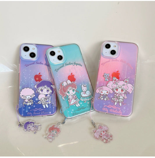 Japan Cartoon Sailor Moon x Sanrio with Phone Strap | Laser Sailor Girl X My Melody Piano Marron Cream - iPhone Case Phone Case  PLUS SE2 11 12 13 14 15 16 16e 17 17e Pro Promax 12mini 13mini