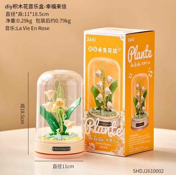 Block Building Romantic Flower Music Box | Hibiscus Rose Lily Bell Jasmine - DIY Valentine Wedding Handmade Gift