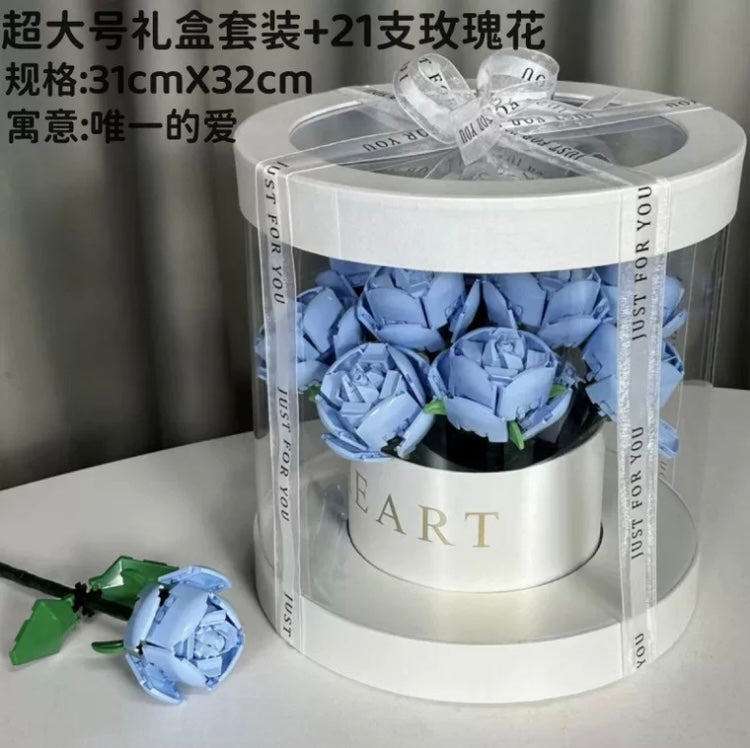 Block Building Romantic Elernal Flowers Bouquet Gift Box | Pink Red Blue White Rose - with LED Lights Valentine Wedding Gift DIY Handmade Gift