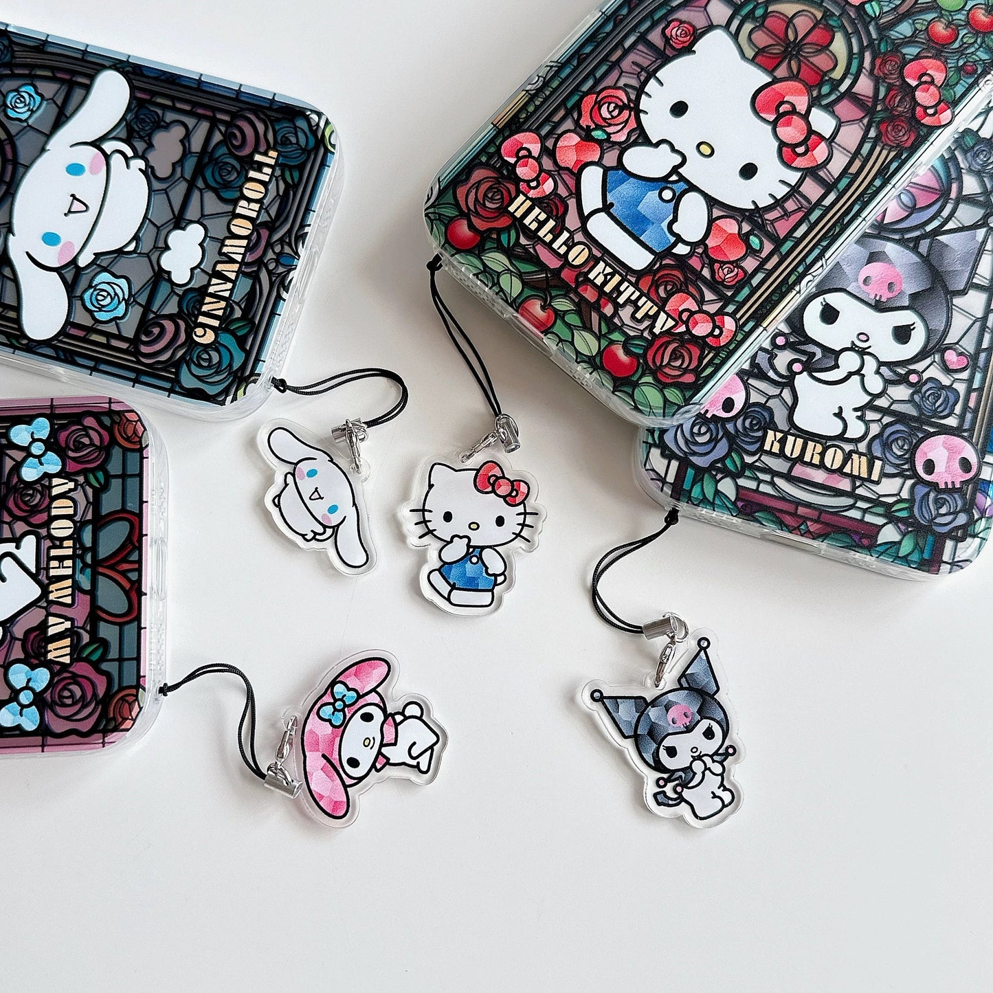 Japanese Cartoon Sanrio Laser Case with Strap | Glass Window Hello Kitty My Melody Kuromi Cinnamoroll - Phone Case Samsung Galaxy S26 S25 S24 S23 S22 S21 FE Ultra Edge