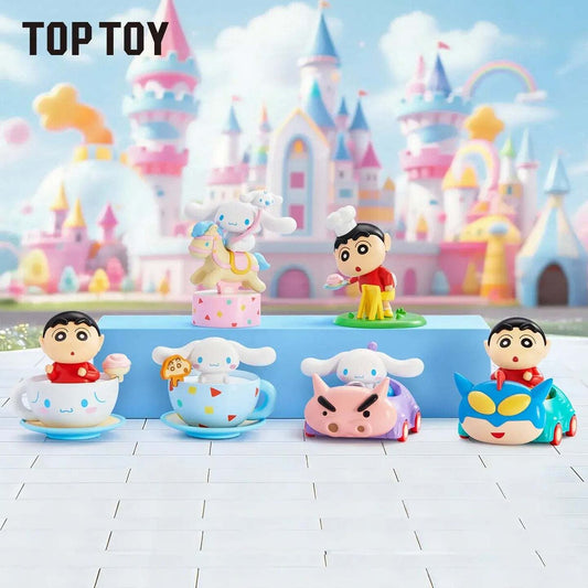 TOPTOY Cinnamoroll x Crayon Shin-chan Wonderland Series blind box figures - all six movable designs on a pastel amusement park stage