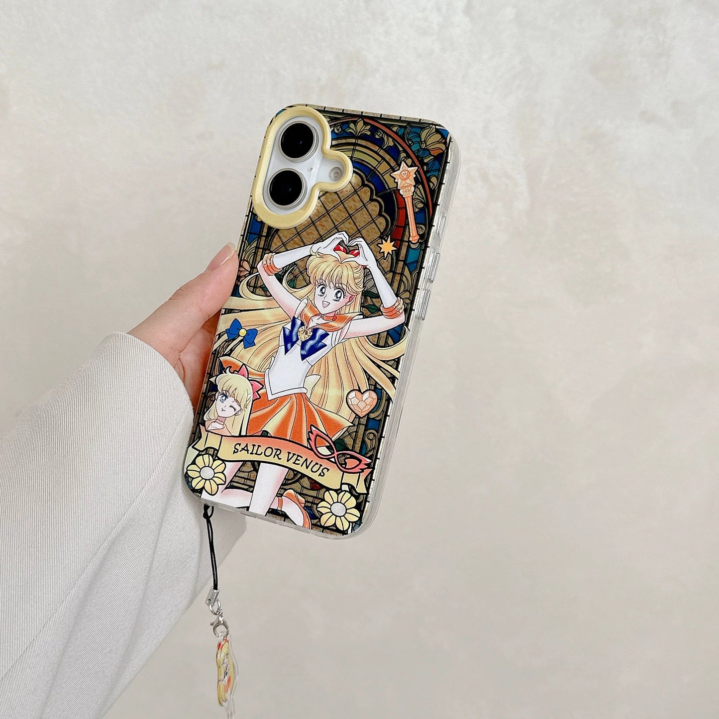 Japanese Cartoon Sailor Moon Phone Case with Strap Comic Version | Laser Glass Window Sailor Moon Mercury Mars Jupiter Venus - iPhone Case PLUS SE2 XS XR X 11 12 13 14 15 16 16e 17 17e Pro Promax 12mini 13mini