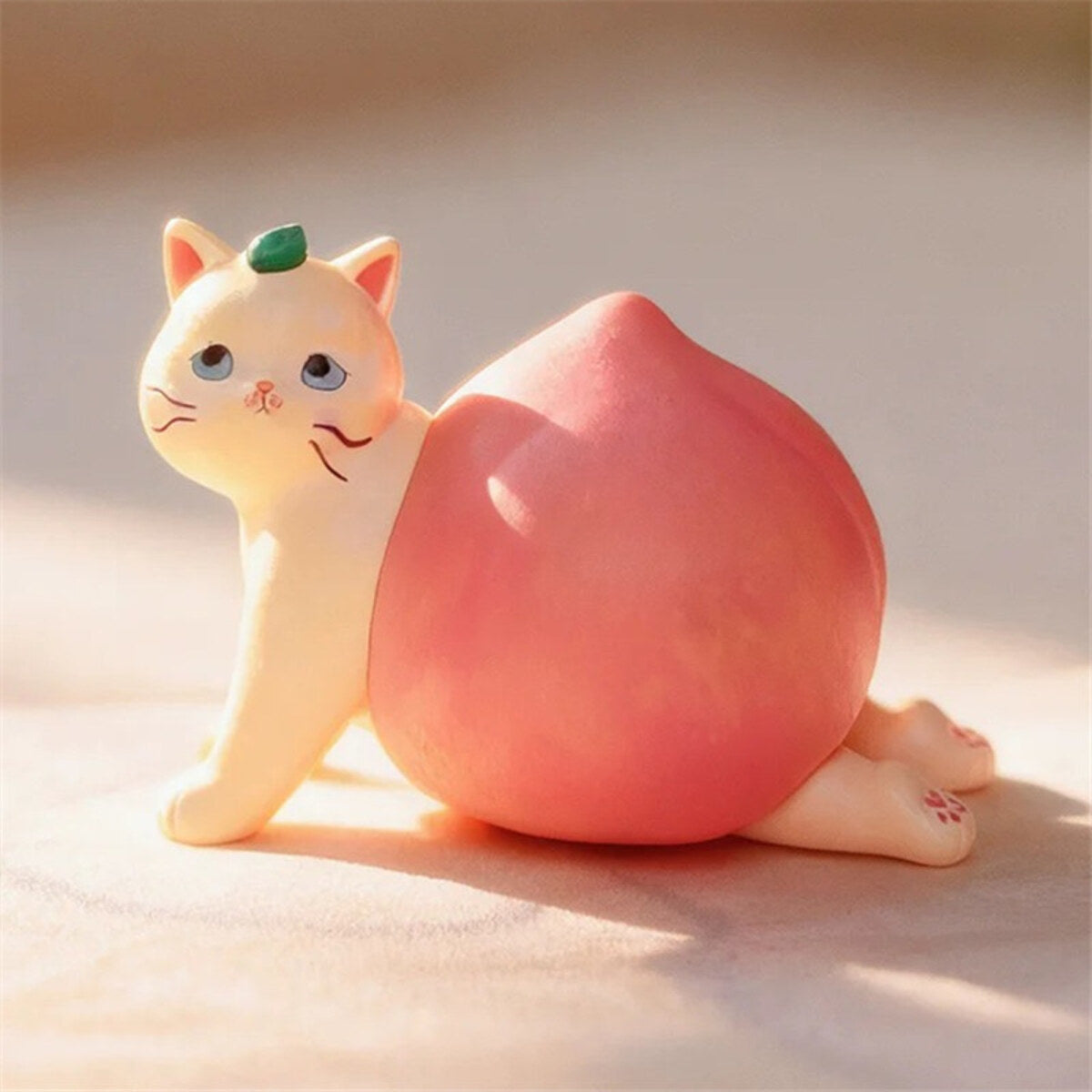 Peach Cat leaning against a pink peach from the 52TOYS x COMUGI Fruit Cat Series