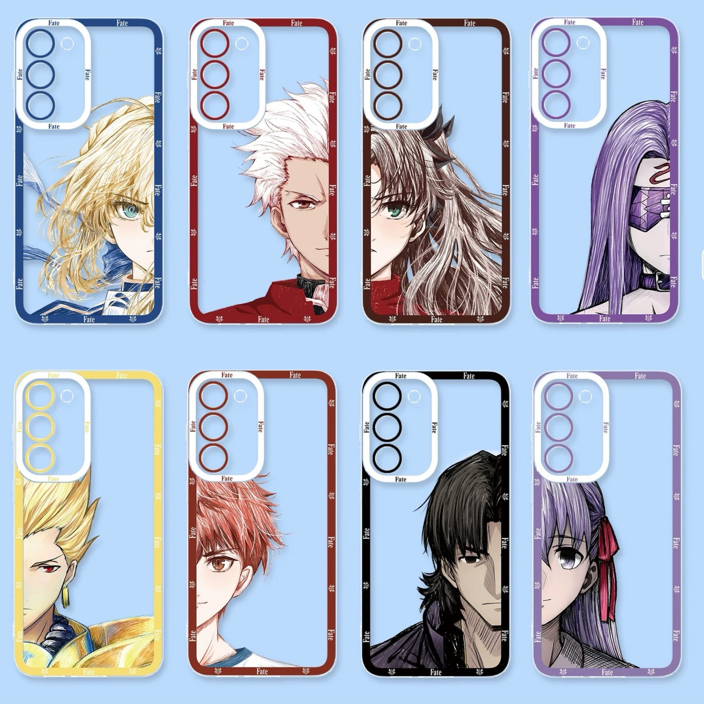 Japanese Anime Fate Stay Night Half Big Face Drawing Style | Artoria Pendragon Saber Tohsaka Rin Medusa Gilgamesh Emiya Shirou Kotomine Kirei Matou Sakura - Phone Case Samsung Galaxy S26 S25 S24 S23 S22 S21 FE Ultra Edge