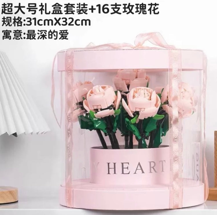 Block Building Romantic Elernal Flowers Bouquet Gift Box | Pink Red Blue White Rose - with LED Lights Valentine Wedding Gift DIY Handmade Gift