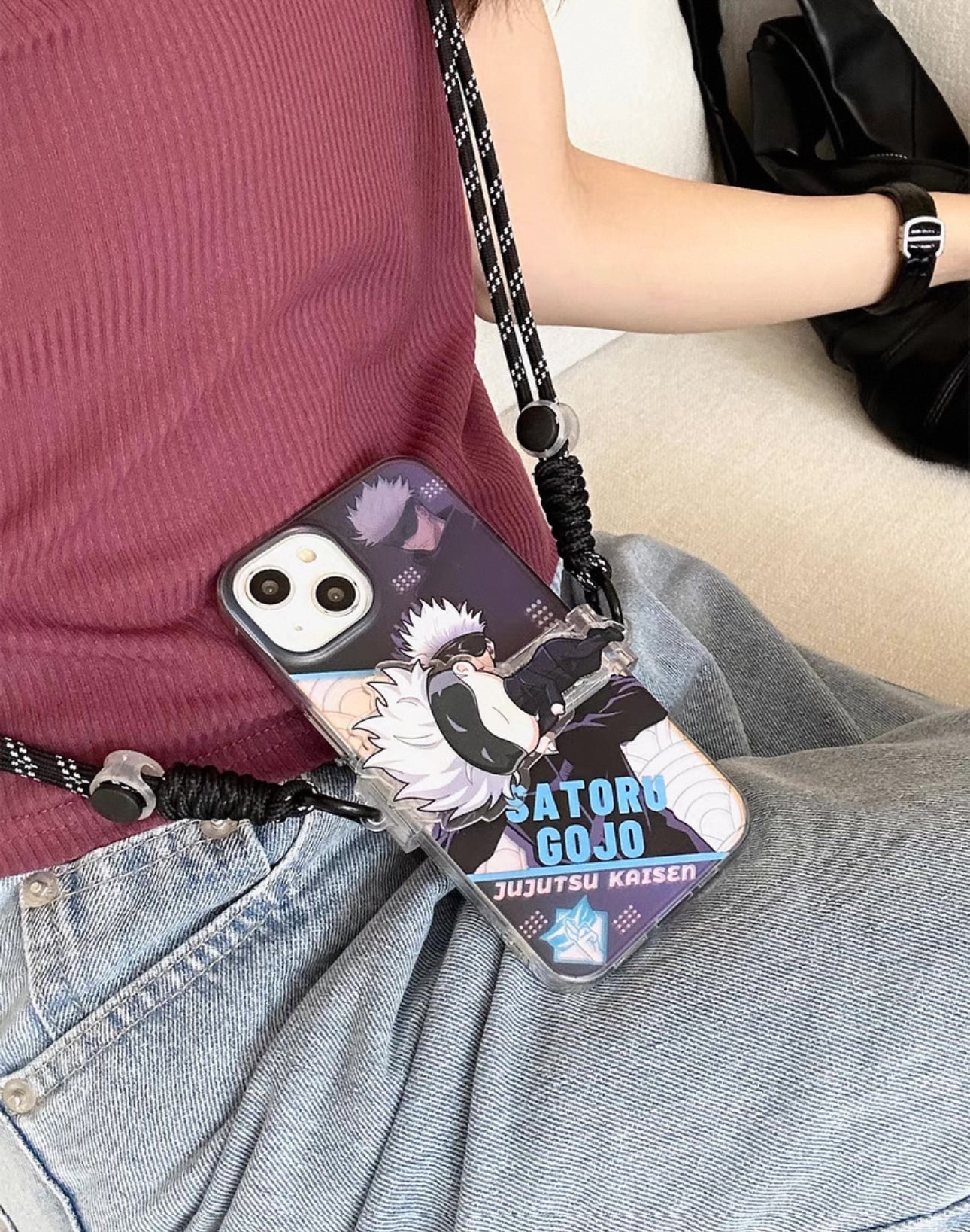 Japanese Anime Jujutsu Kaisen Phone Back Clip with Phone Lanyard | Satoru Yuji Megumi Nanami Kugisaki Nobara Inumaki Toge Zenin Maki Panda - for All Smart Phones KawaiiGiftLand