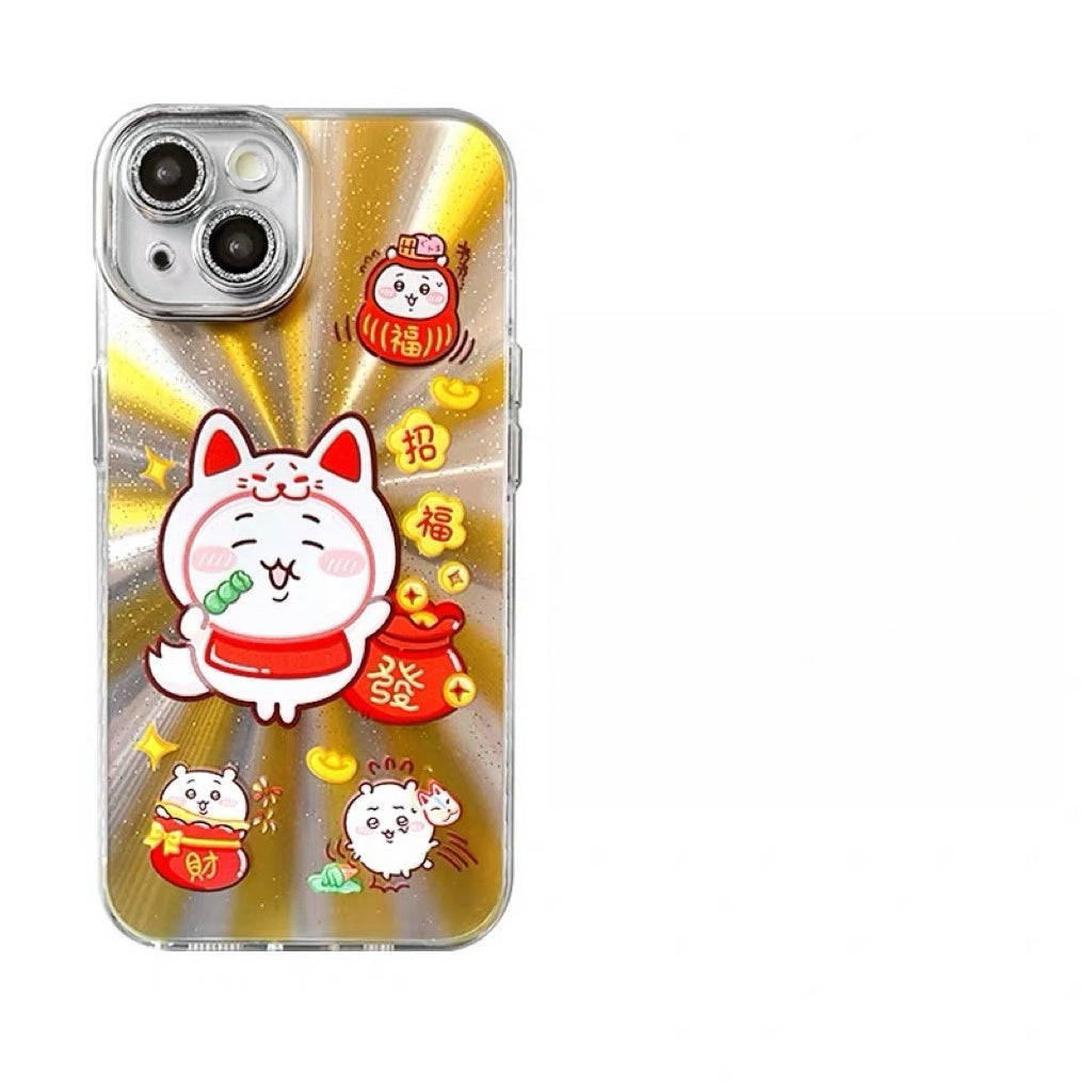 Japanese Cartoon ChiiKawa Folklore Kitsune Gold Laser Case | ChiiKawa Hachiware Usagi Momonga - iPhone Case 11 12 13 14 15 16 16e 17 17e 18 Pro Promax