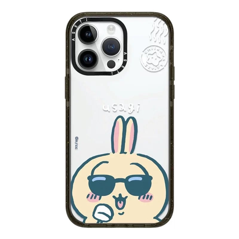 Japanese Cartoon ChiiKawa Clear with Transparent Black Frame Phone Case | ChiiKawa Hachiware Usagi Wear Sunglass and Eating Ice Cream Blue - iPhone Case 12 13 14 15 16 17 Pro Promax
