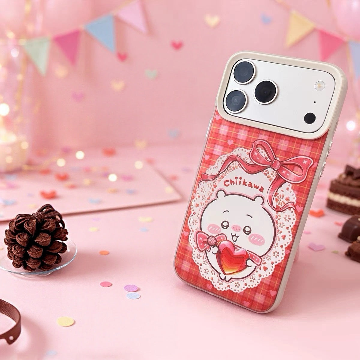 Japanese Cartoon ChiiKawa with Heart Chocolate Laser Case | Chiikawa Hachiware Usagi Momonga 4 Styles - iPhone Case 11 12 13 14 15 16 16e 17 17e 18 Pro Promax
