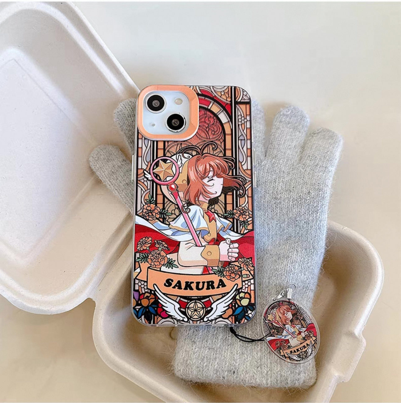 Japanese Cartoon CardCaptorSakura Glass Window Version with Strap & Stand | Pink Orange Purple - iPhone Case 6 7 8 PLUS SE2 XS XR X 11 12 13 14 15 Pro Promax 12mini 13mini KawaiiGiftLand