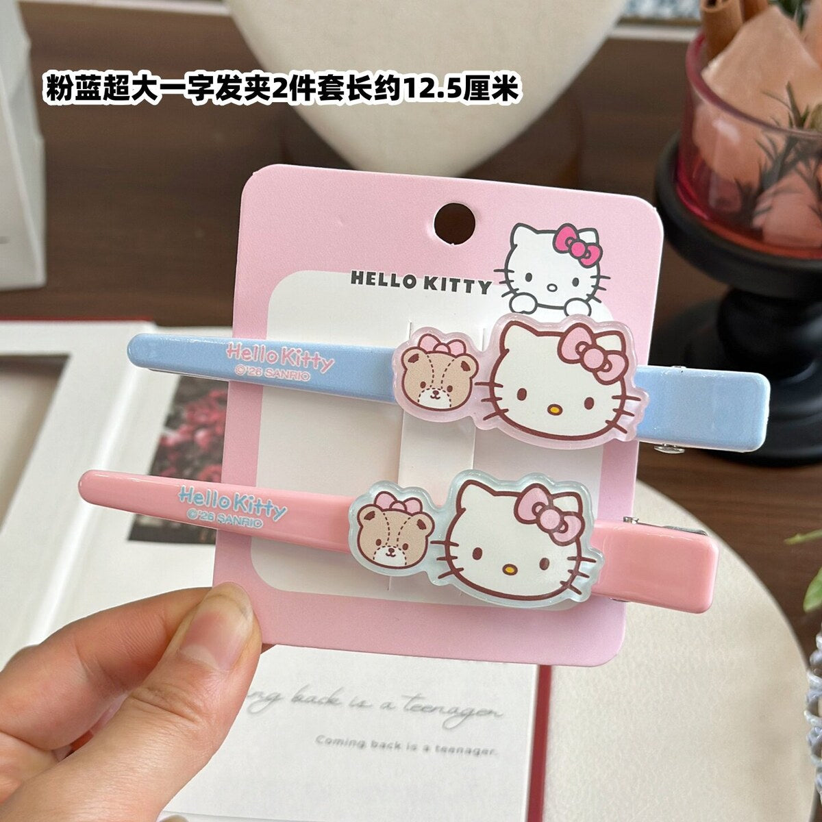 Pink & Blue Extra-Large Bar Clips 12.5cm (2-Piece Set) - Sanrio Hello Kitty Extra Large Duckbill Bar Hair Clip Set - 12.5cm Aluminium Clips for Bangs & Side Hair