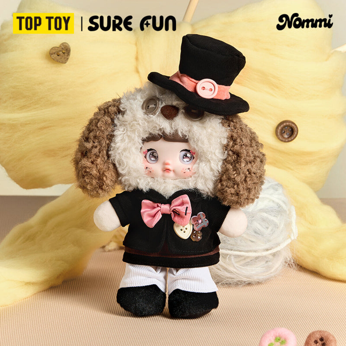 Nommi Treasure Collector Series Button Collector plush doll in a black top hat and bow tie with button details