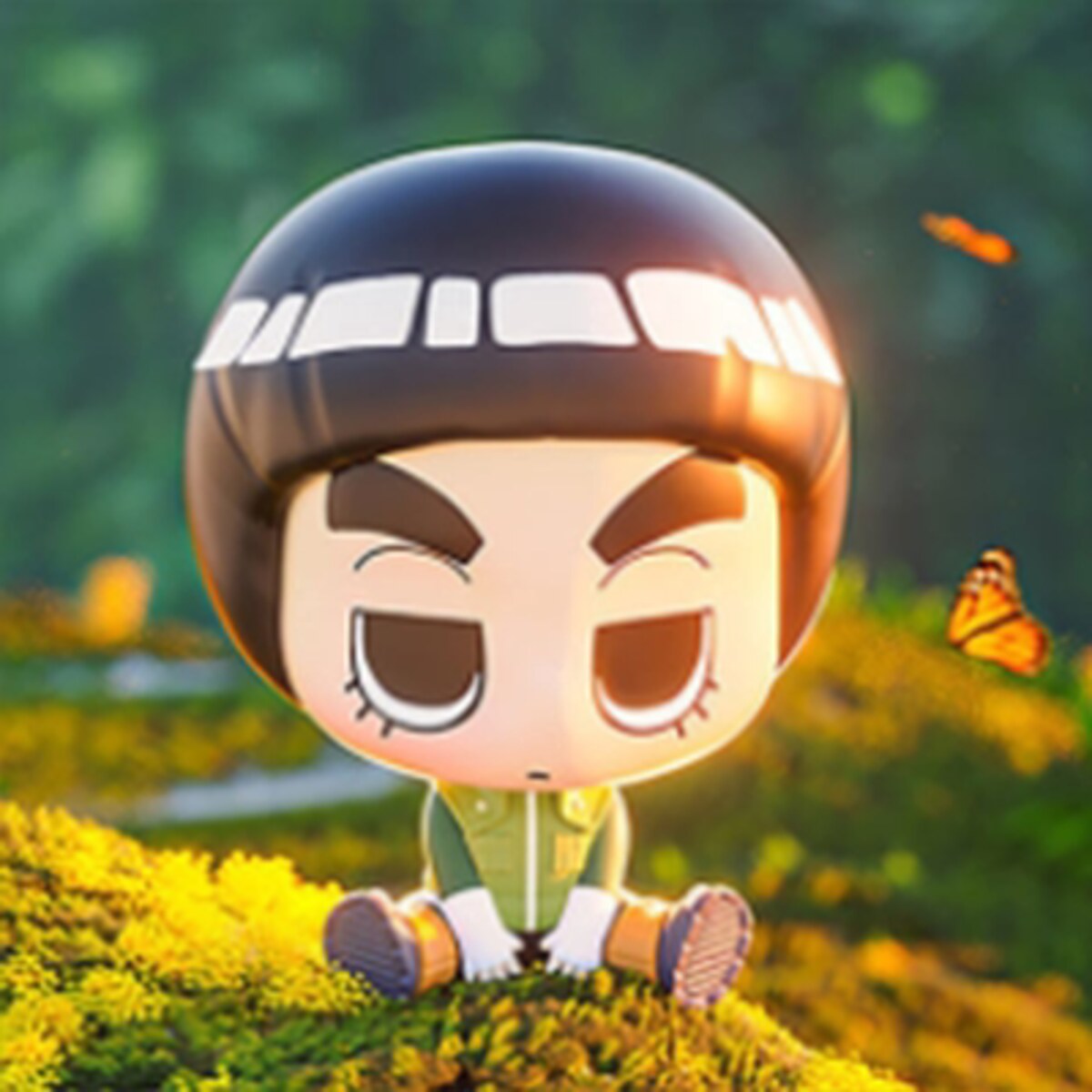 Rock Lee sitting figure with shaved head and green jumpsuit from the MINISO x Naruto Shippuden Sitting Series blind box