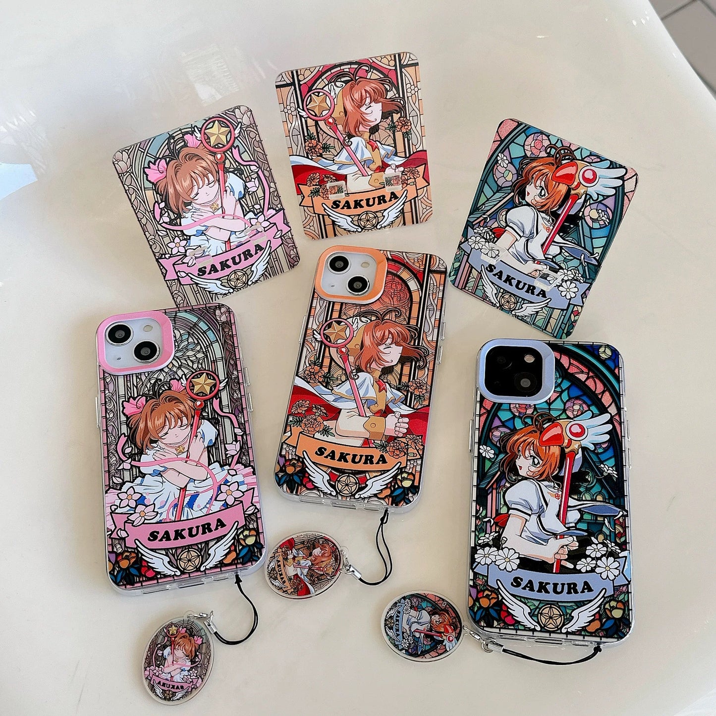 Japanese Cartoon CardCaptorSakura Glass Window Version with Strap & Stand | Pink Orange Purple - iPhone Case 6 7 8 PLUS SE2 XS XR X 11 12 13 14 15 Pro Promax 12mini 13mini