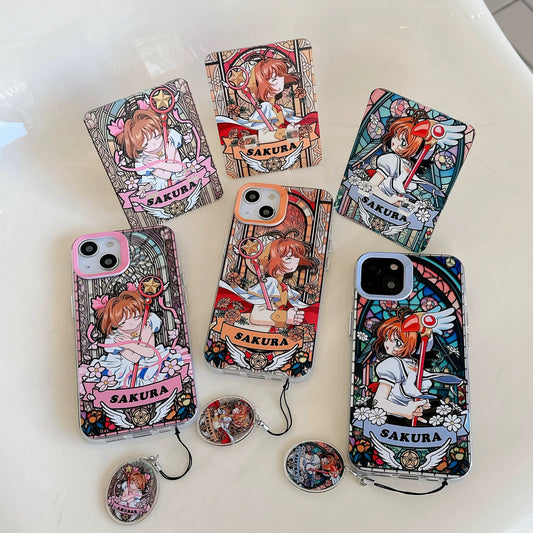 Japanese Cartoon CardCaptorSakura Glass Window Version with Strap & Stand | Pink Orange Purple - iPhone Case 6 7 8 PLUS SE2 XS XR X 11 12 13 14 15 Pro Promax 12mini 13mini