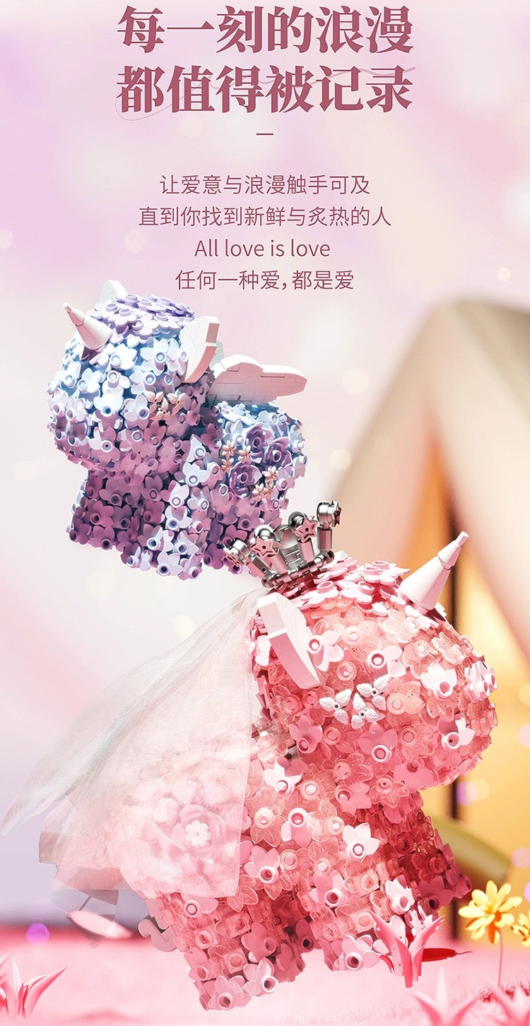 Mini Block Building Flower Unicorn | Pink Purple - with LED Lights Valentine Wedding Gift DIY Handmade Gift