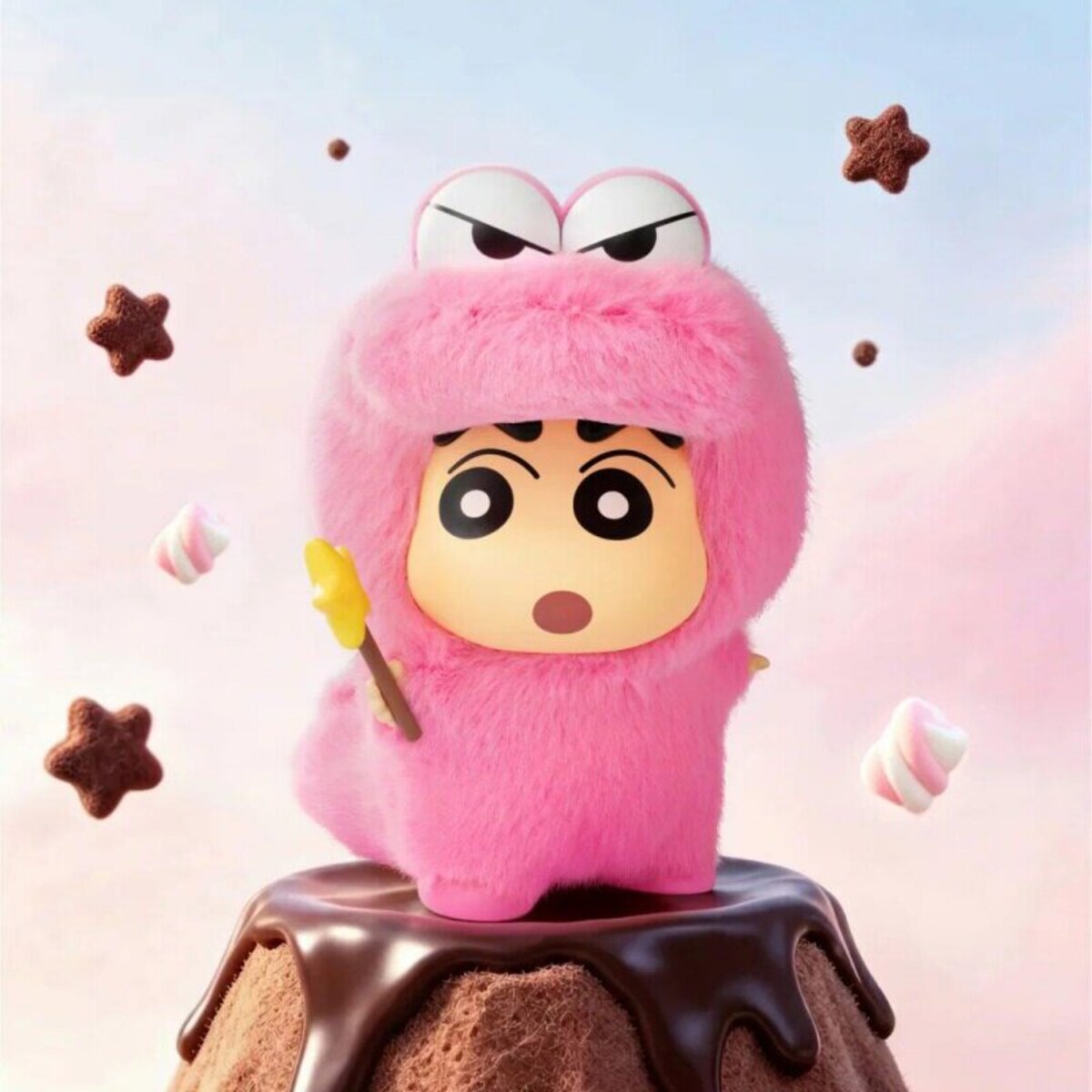 Shin-chan in a pink crocodile costume holding a wand on a chocolate mountain (Crocodile Mountain Sprite)