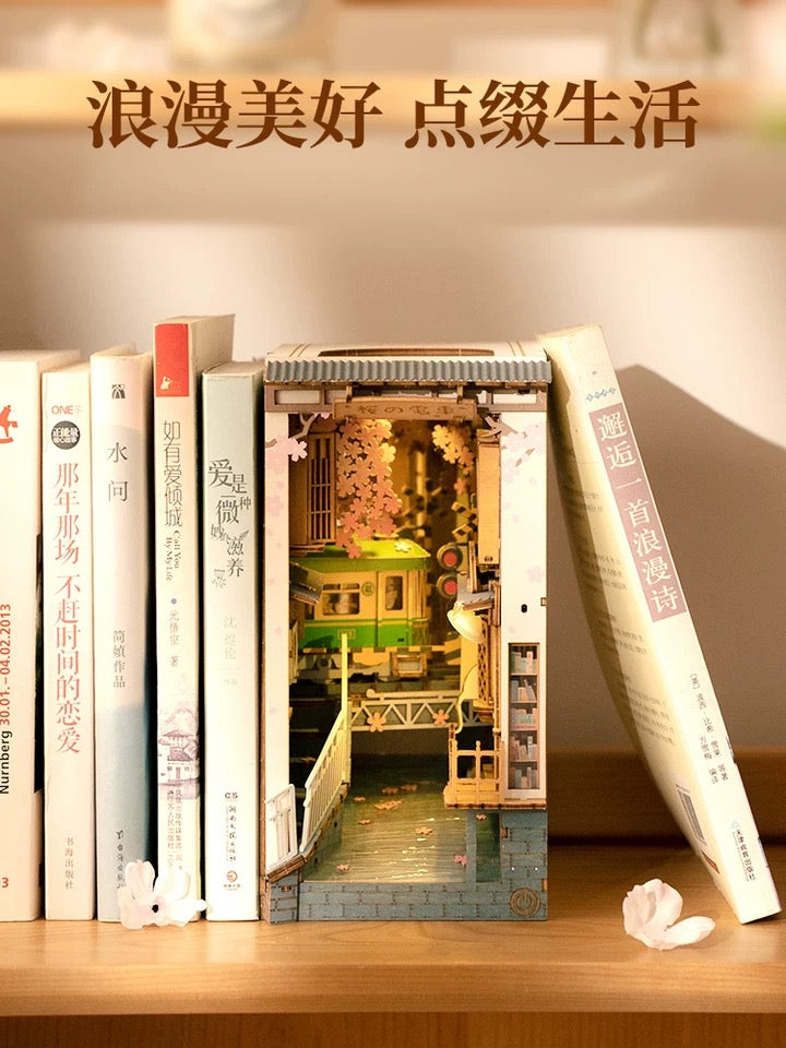 Craft Kits Wooden Booknook & Wonderland | Sakura Sping Tram Stop - DIY Handmade Mini World Miniature Gift with LED Light