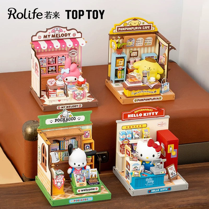 Rolife x Sanrio Character Style Shopping Street Craft Kits Set | Hello Kitty My Melody Pompompurin Pochacco - DIY Handmade Wooden Mini World Miniature Gift