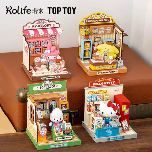 Rolife x Sanrio Character Style Shopping Street Craft Kits Set | Hello Kitty My Melody Pompompurin Pochacco - DIY Handmade Wooden Mini World Miniature Gift