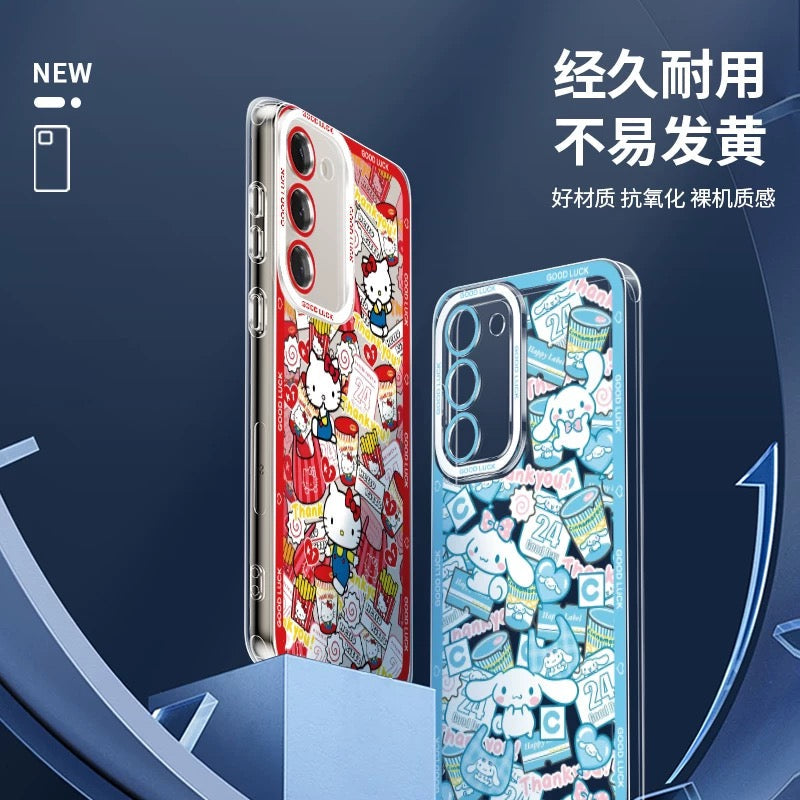 Japanese Cartoon Sanrio Friends with Foods Full Screen | Hello Kitty My Melody Kuromi Cinnamoroll Pompompurin Pochacco Hangyodon Keroppi - Phone Case Samsung Galaxy S26 S25 S24 S23 S22 S21 FE Ultra Edge