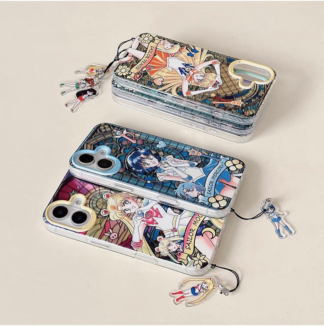Japanese Cartoon Sailor Moon Phone Case with Strap Comic Version | Laser Glass Window Sailor Moon Mercury Mars Jupiter Venus - iPhone Case PLUS SE2 XS XR X 11 12 13 14 15 16 16e 17 17e Pro Promax 12mini 13mini