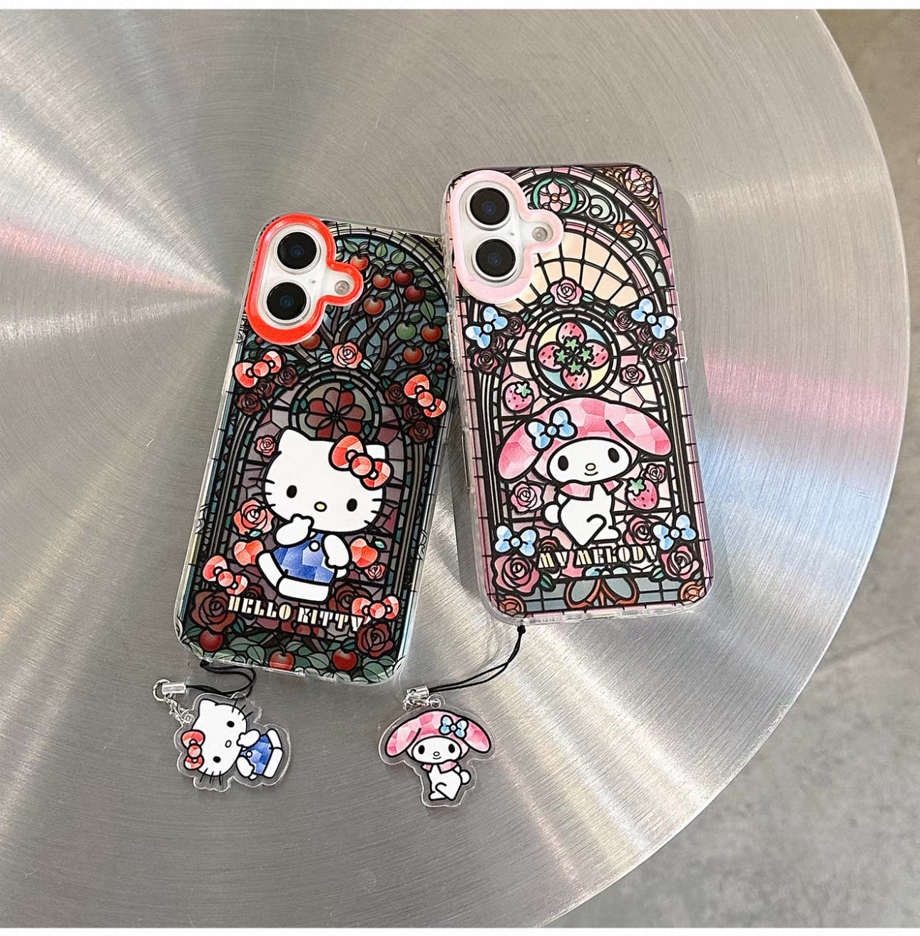 Japanese Cartoon Sanrio Laser Case with Strap | Glass Window Hello Kitty My Melody Kuromi Cinnamoroll - iPhone Case PLUS SE2 11 12 13 14 15 16e 16 17 17e Pro Promax 12mini 13mini