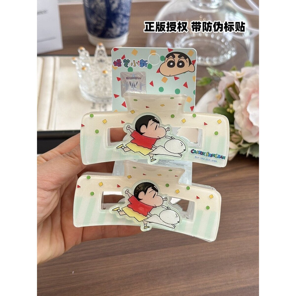 Crayon Shin-chan claw clips - official licensed card with authenticity sticker, Shin-chan & Shiro rectangle clamp