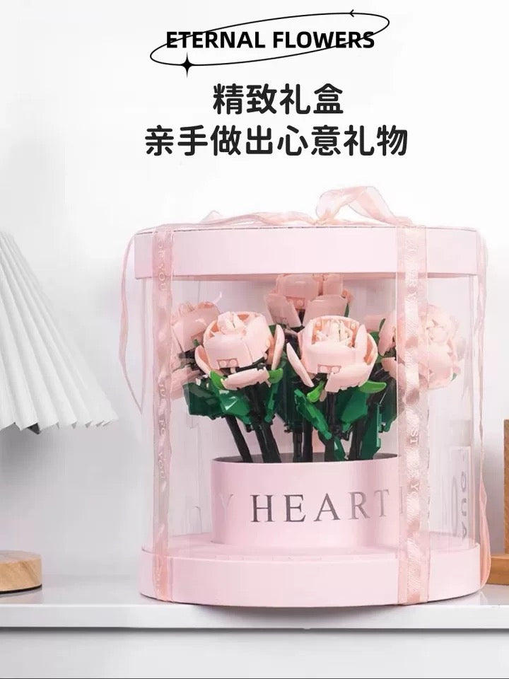 Block Building Block Romantic Elernal Flowers Bouquet Gift Box | Pink Red Blue White Rose - with LED Lights Valentine Wedding Gift DIY Handmade Gift