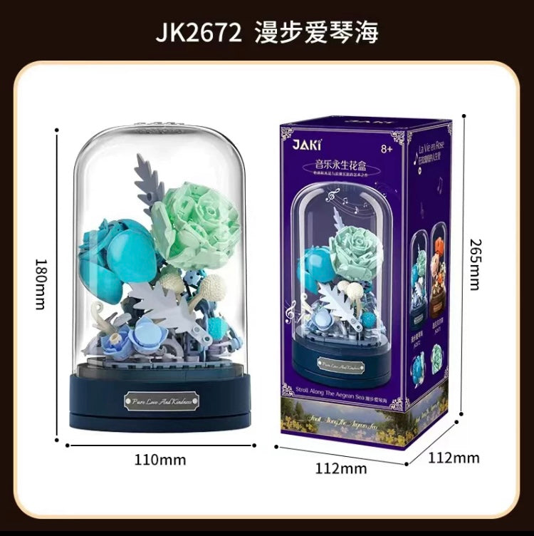 Block Building Romantic Flower Music Box | Blue Rose Autumn Flower - DIY Valentine Wedding Handmade Gift