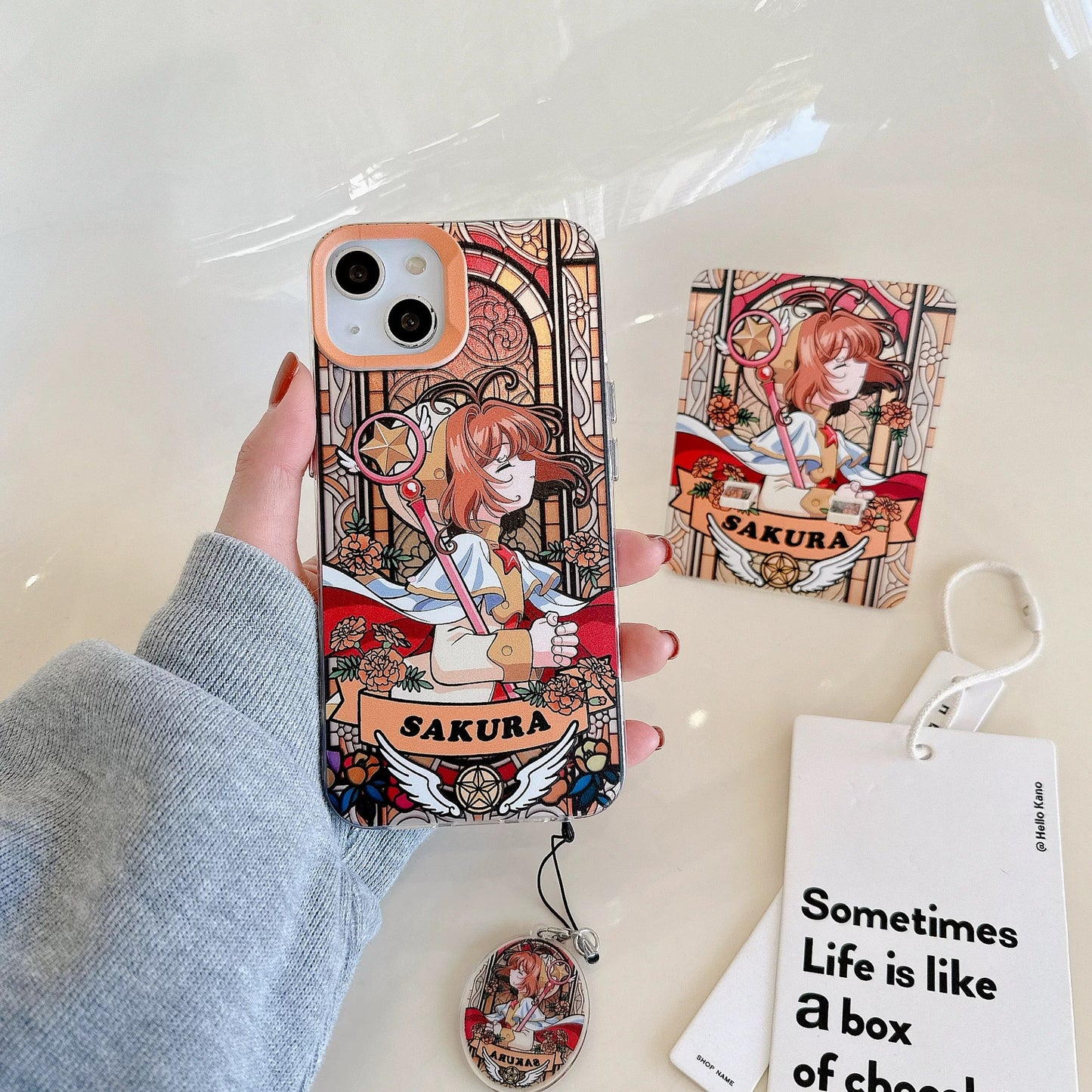 Japanese Cartoon CardCaptorSakura Glass Window Version with Strap & Stand | Pink Orange Purple - iPhone Case 6 7 8 PLUS SE2 XS XR X 11 12 13 14 15 Pro Promax 12mini 13mini