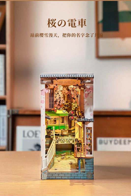 Craft Kits Wooden Booknook & Wonderland | Sakura Sping Tram Stop - DIY Handmade Mini World Miniature Gift with LED Light