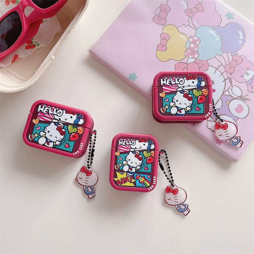 Japanese Cartoon Comics Hello Kitty Red with Keychain - AirPods AirPodsPro AirPods3 AirPods4 Case